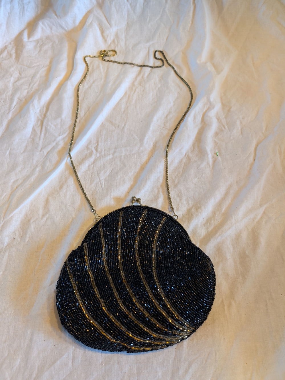 2/60$ Vintage Black Beaded Shell Clutch with Gold Accents